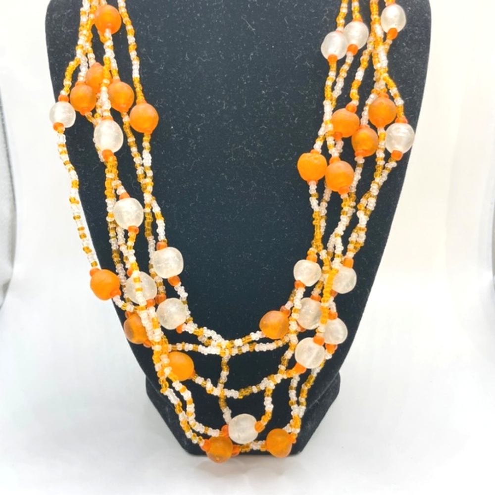 Vintage Six Strand Orange Opaque White Glass Beaded Boho Statement Necklace